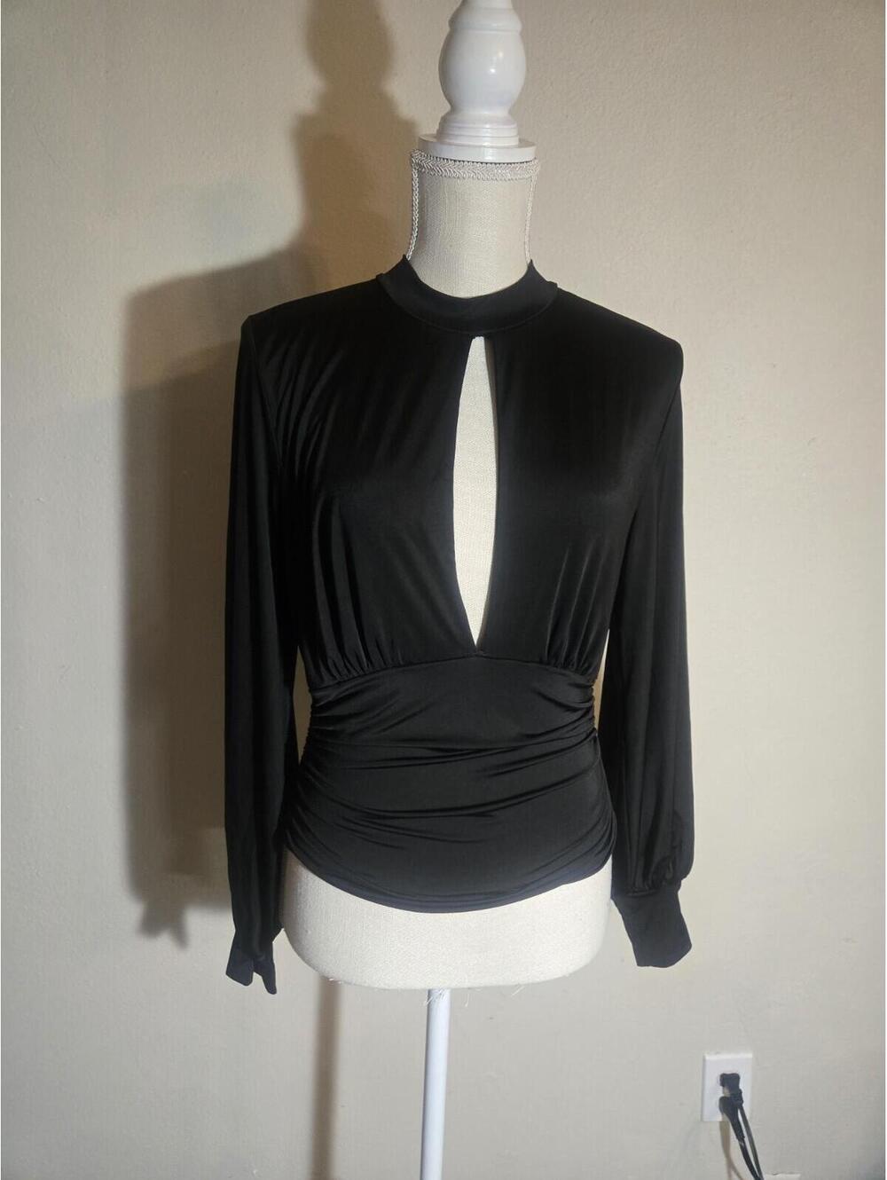 Black Keyhole Long Sleeve Top Fitted Ruched Stretch Womens Large Y2K